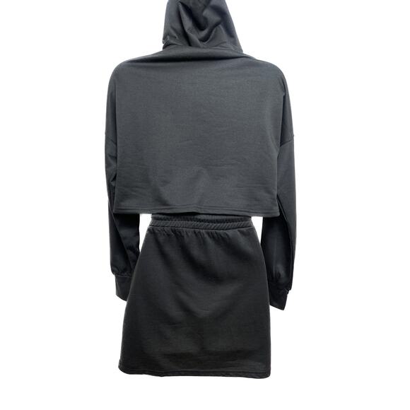 New XS Black 2 Piece Crop Sweater Mini Skirt Set Varsity Drawstring Hoodie Sport - Picture 6 of 6